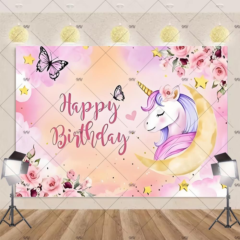 Cartoon Rainbow Unicorn Theme Princess Birthday Party Decoration Background Baby Shower Backdrop Photozone Studio Prophoot Props