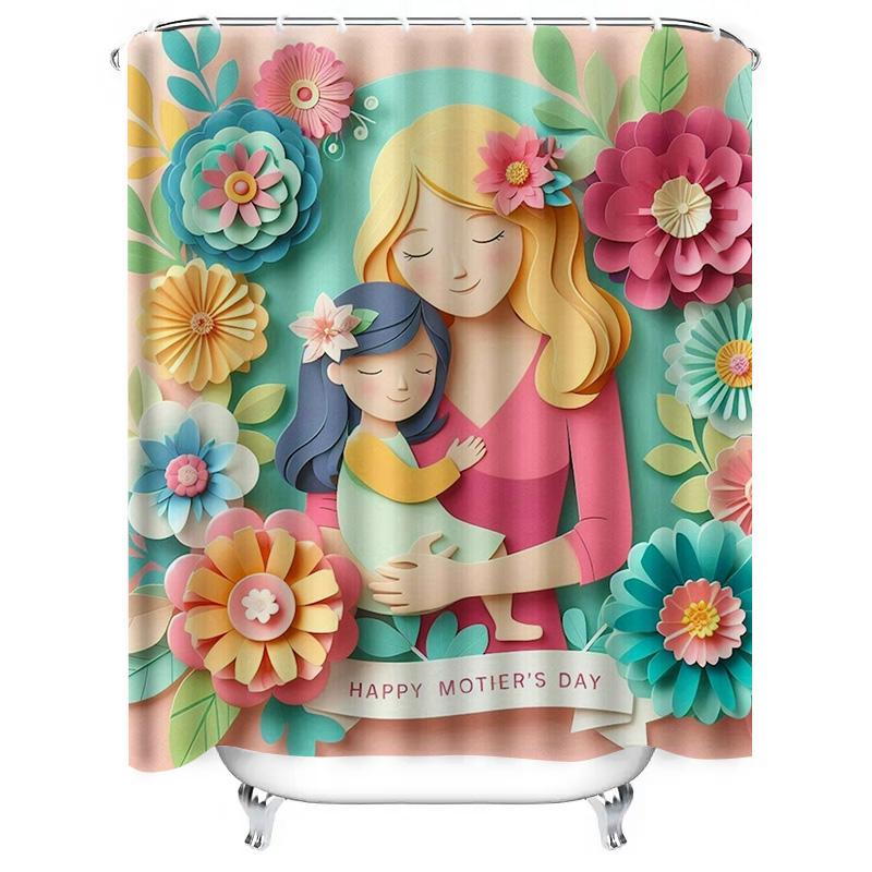 Charming 'Happy Mother's Day' Design with Mother and Child in Vibrant Floral Waterproof Shower Curtain, Stylish Durable