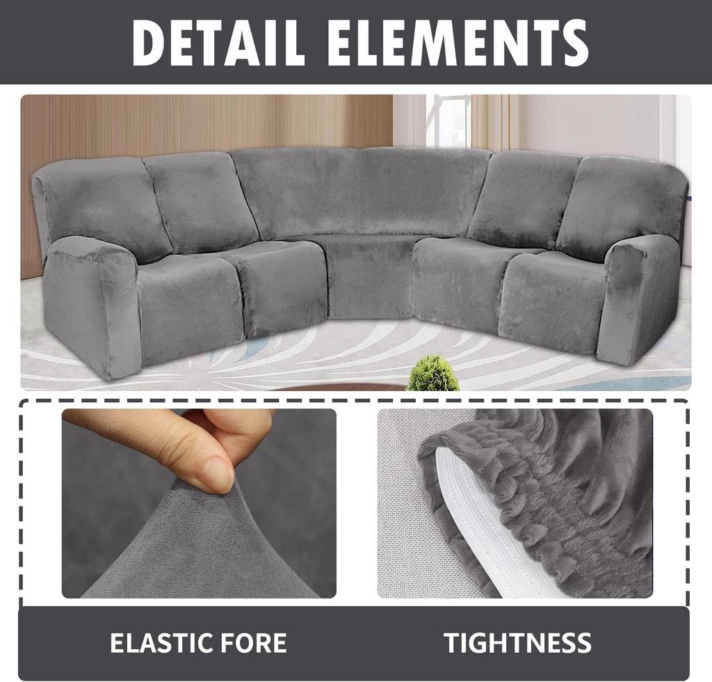 5-Sitzer Relaxsesselbezug, 7-teiliger Samt-Relaxtsessel-Ecksofabezug, Stretch L-Form Liege-Sektionssofabezüge