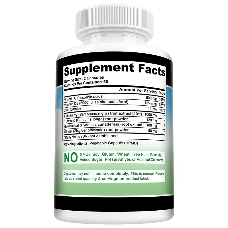 Elderberry Fruit Extract Dietary Supplement, With Vitamin C, D3, 120 Capsules Per Bottle