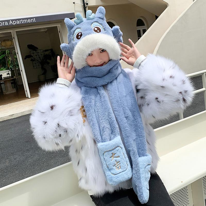 

Осень и Зима Национальный Тренд Красный Милый Дракон Шапка-Сокровище Перчатки Комплект Плюшевый Шарф Студентка Уличный Ветрозащитный