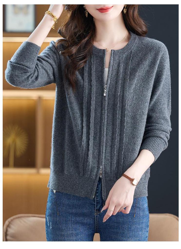 New Women's Loose-Fit Pure Wool Zipper Cardigan - Spring/Autumn