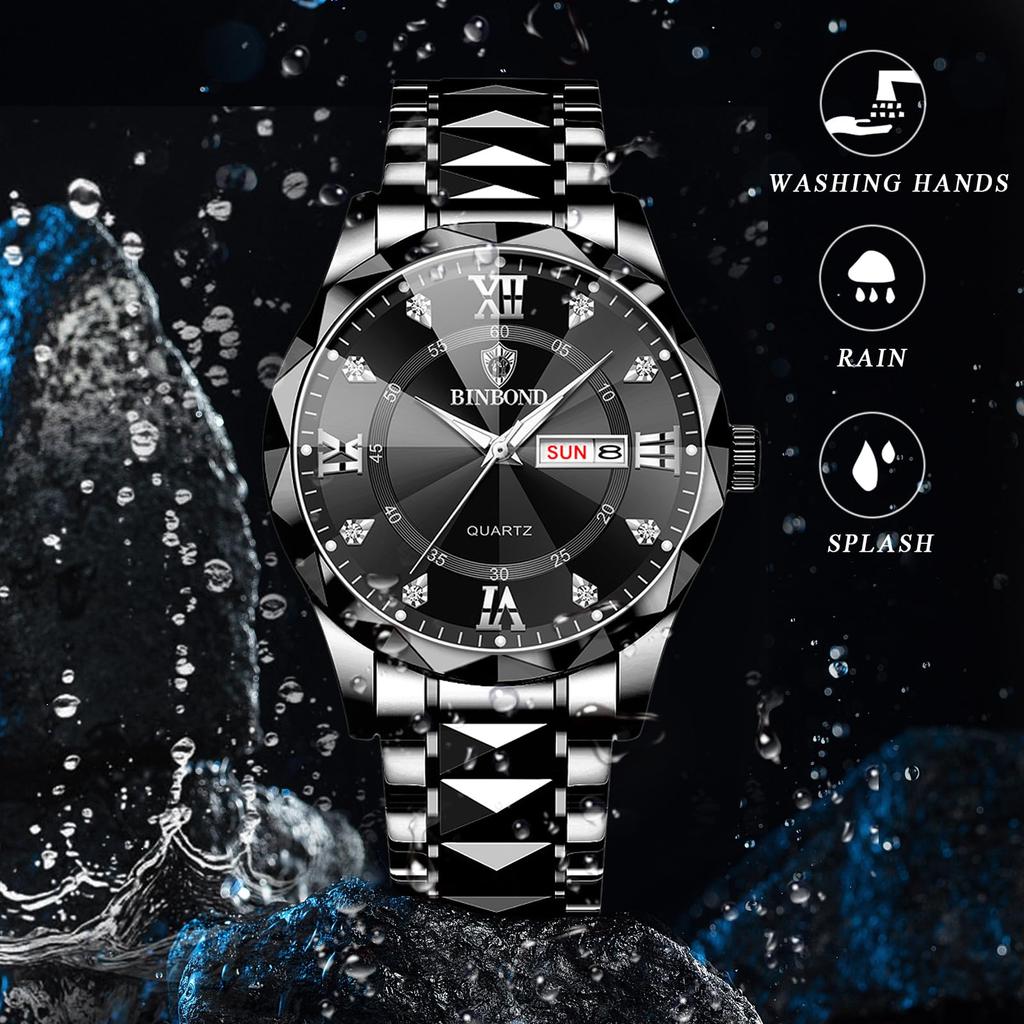 waterproof and rainproof wristwatch with luminous round stainless steel calendar large black and rhinestone Perfect for business or formal this pair