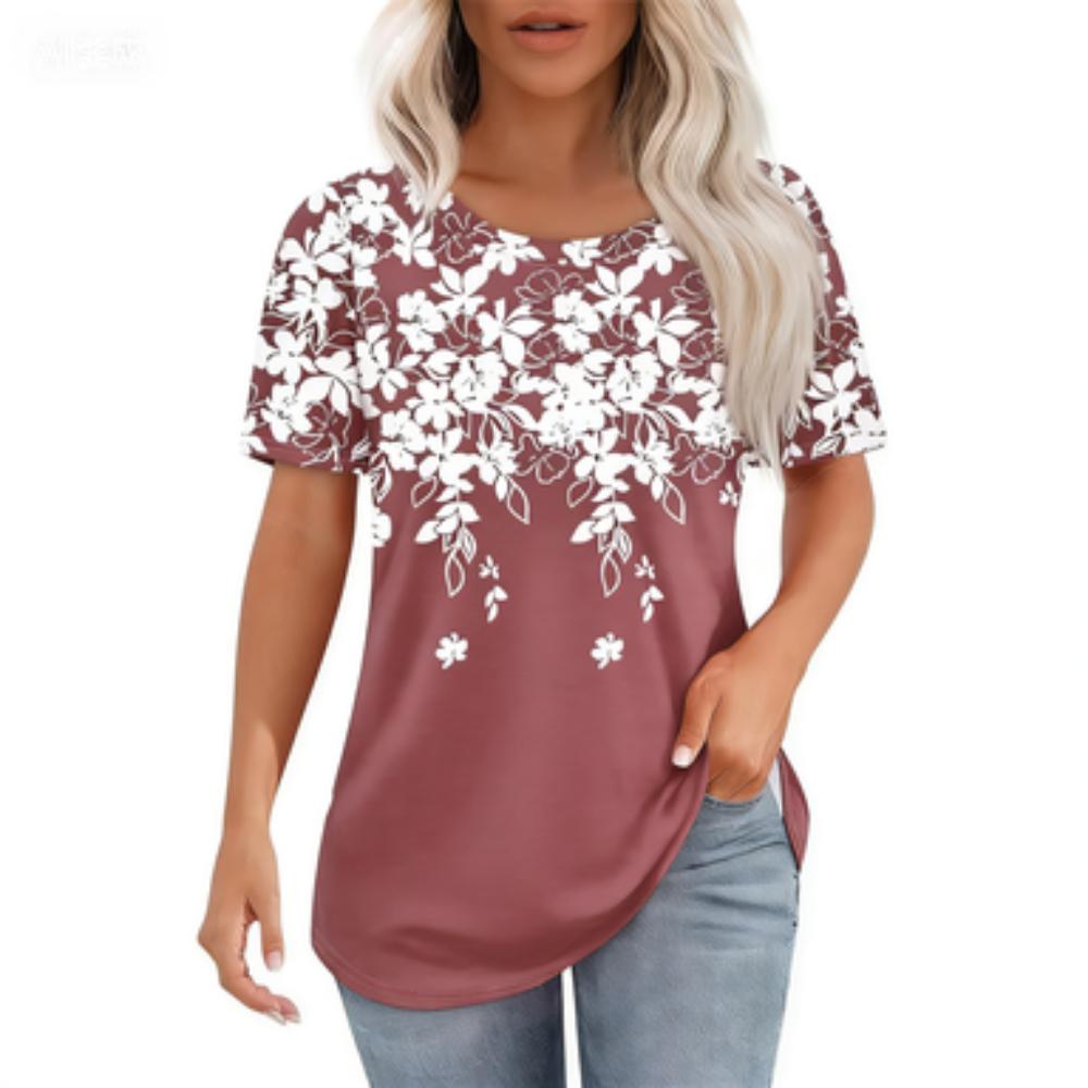 Round Neck Short-sleeved Black and White Floral Print T-shirt Women's Clothing Casual Daily Wear