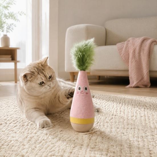 Pet Stimulation Toy for Indoor Play Wooden Wobble Cat Toy, Self-Righting Tumbler with Feather Cats, Interactive Plush Hunting Cats Punching Bag Stable
