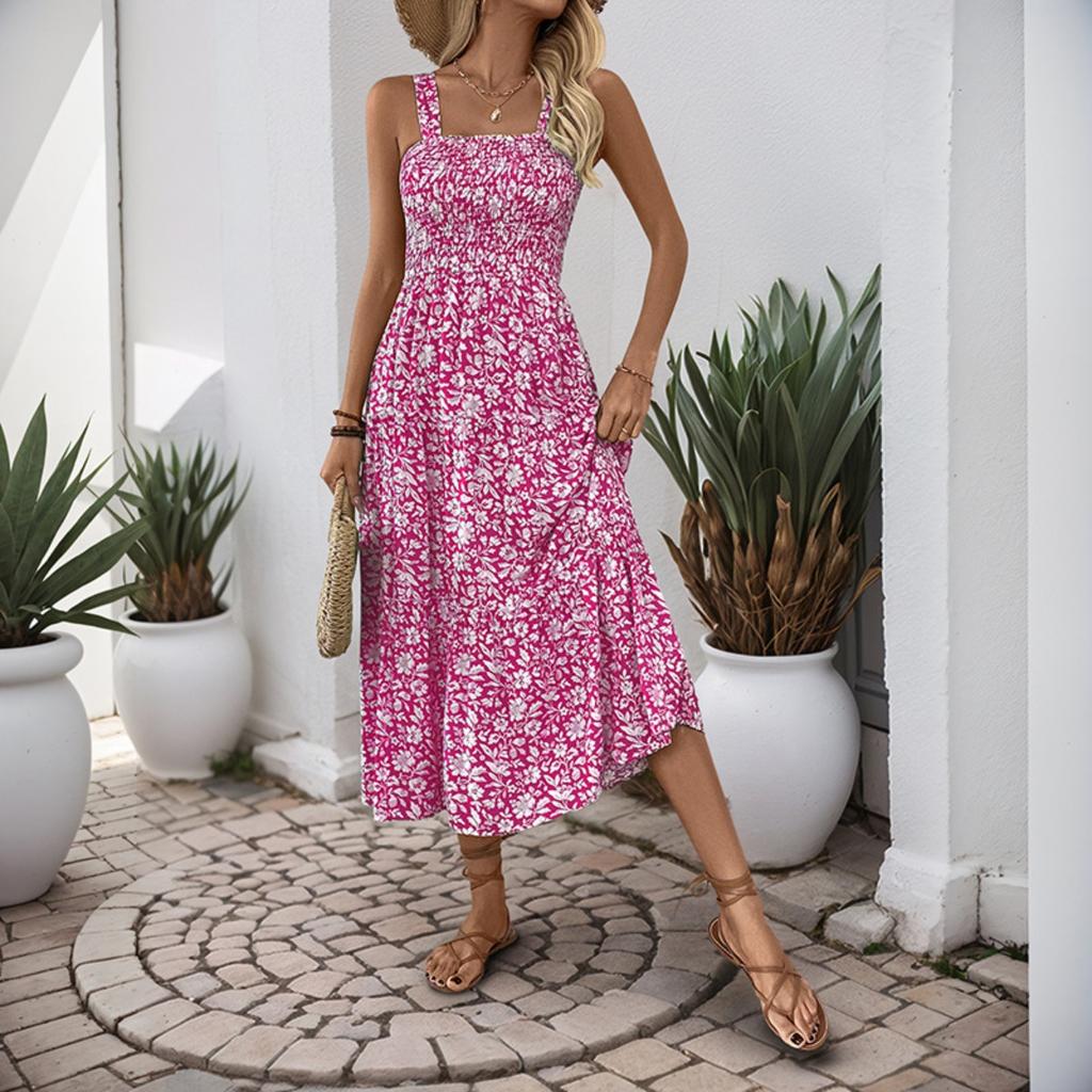 Summer New Printed Maxi Dress, Sleeveless Spaghetti Strap Elastic High Waist Long Sundress, Leisure Casual Dress for Women