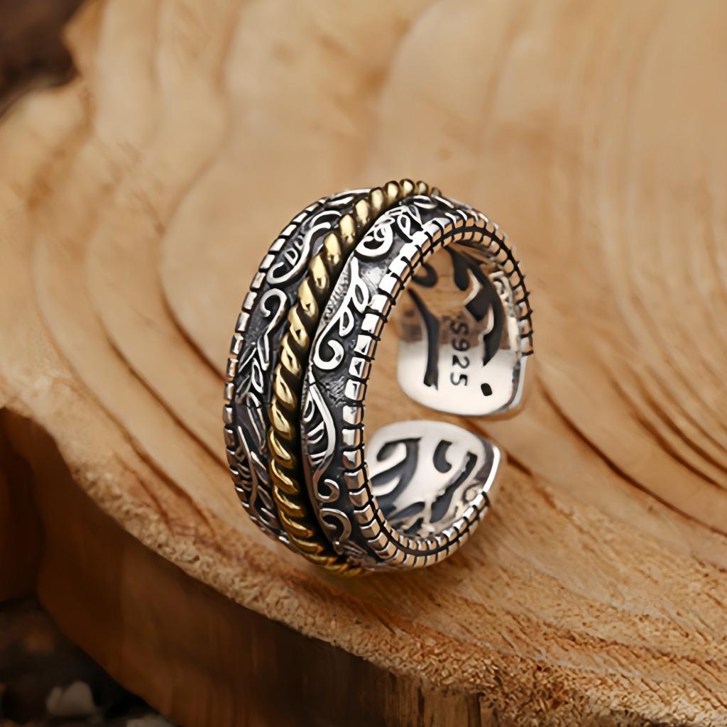 Retro Golden Rope Tang Grass Pattern Adjustable Open Ring Gothic Punk Unisex Jewelry Gift For Men Women