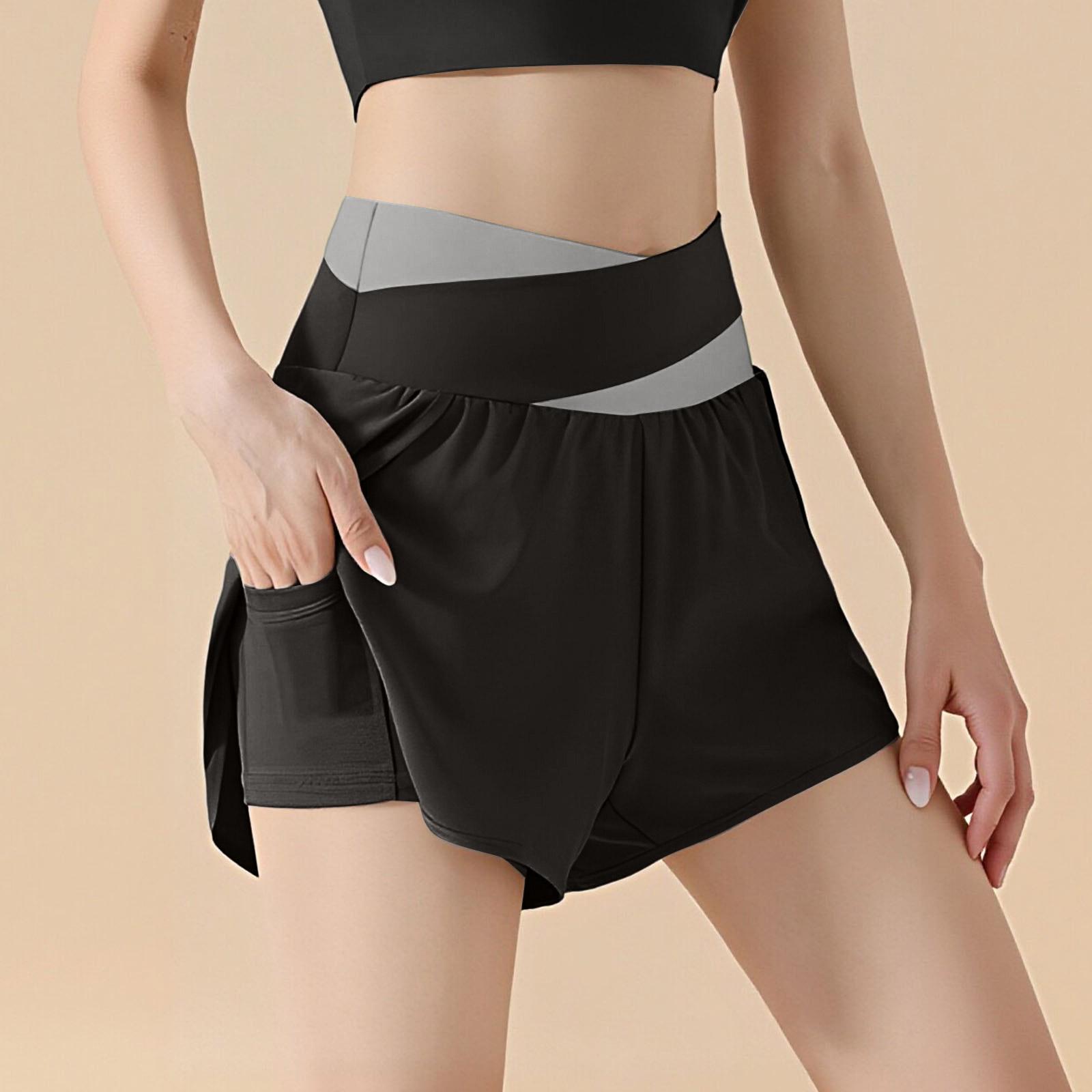 

Women s Color-block Fake Two-piece High Waist Hip-lift Sports Shorts - Inner Pocket Loose Running Fitness Yoga Shorts L чёрный
