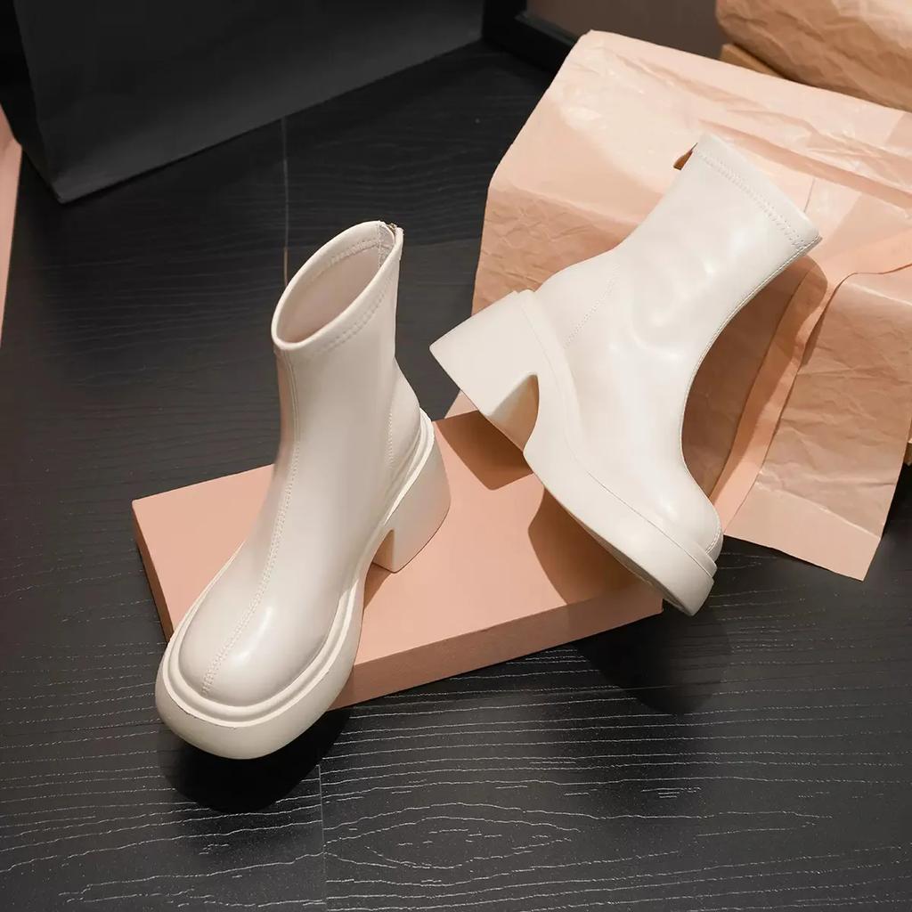 Comemore Spring Autumn New White Short Boots Thick Soled Round Head Botines Shoes for Women Chunky High Heels Ankle Boot