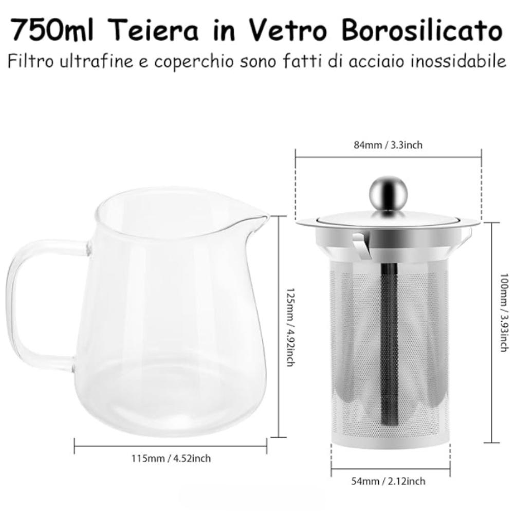 Borosilicate Glass Teapot 750 Ml with Filter, Safe Kitchen Kettle for Hob, with 304 Stainless Steel Strainer, Herbal Tea Infuser for Loose Tea Leaves,