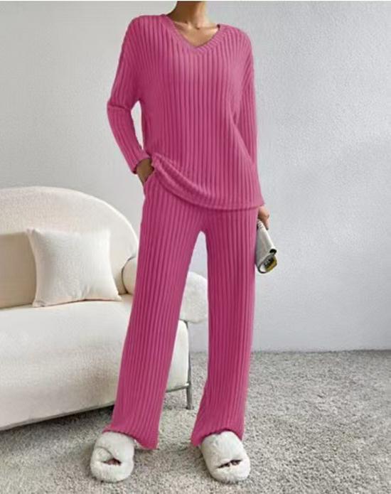 Women's Autumn 2025 Fashion: Rib-Knit V-Neck Set with Casual Straight-Leg Pants