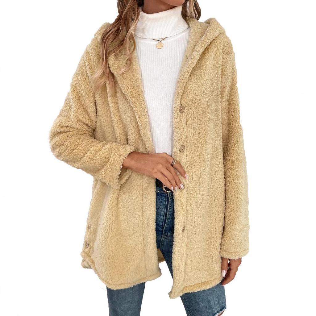 Hooded Coat: Women's Plush Irregular Button Solid Color - 77 Available