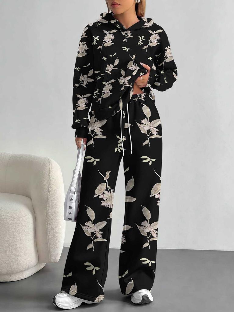 Retro Pattern Splicing European and American Autumn and Winter 1116 Casual Long-sleeved Suit Women's Hooded Sweater Trousers Cover
