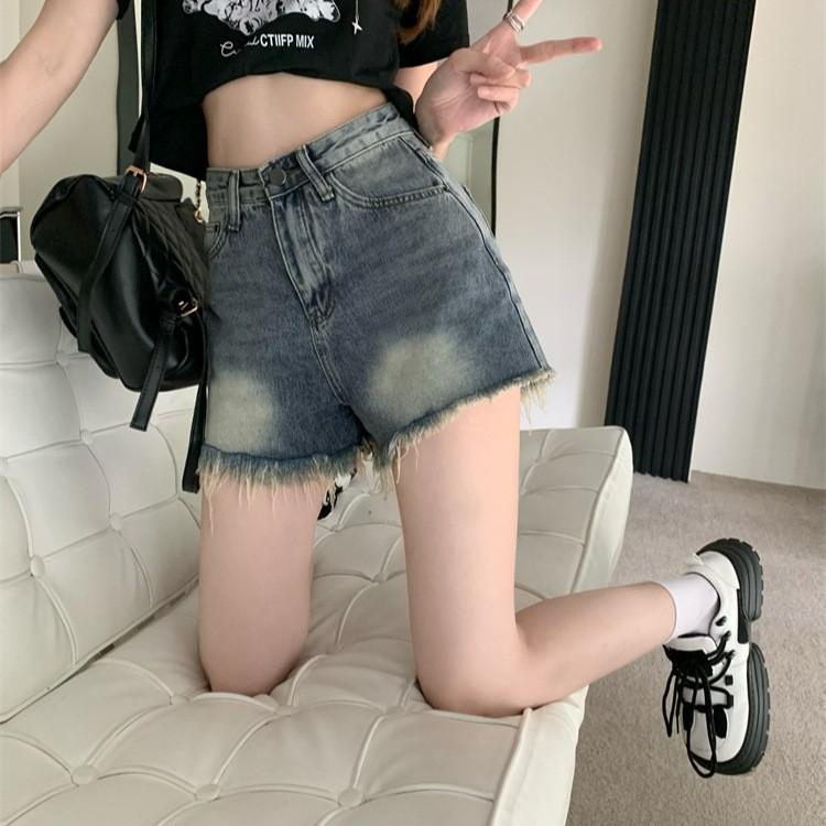 Retro Fringed Denim Shorts For Women, High Waist Slimming Straight Leg Wide Leg Shorts