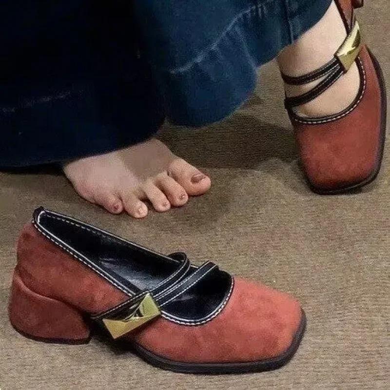 

Elegant Retro Spliced Color Commuter Chunky Heel Women s Shoes Spring New One-Strap Mary Jane Shoes Comfortable Casual Footwear 40 коричневый