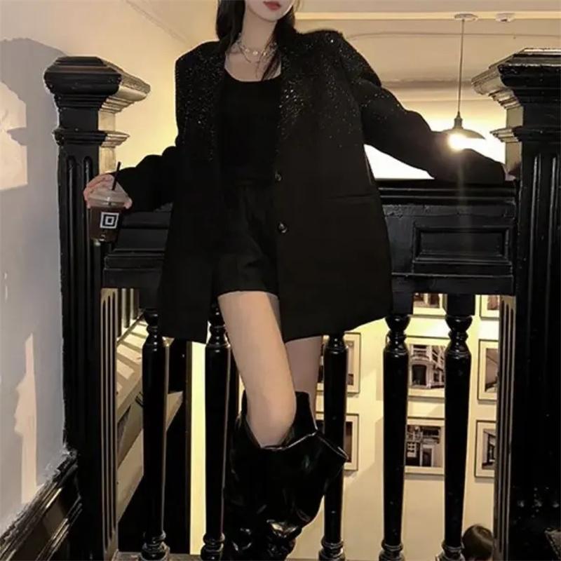 Φθινοπωρινό και Χειμερινό Γυναικείο Κοστούμι με Γιακά, Στρας, Λαμπερά Κουμπιά, Μακρυμάνικη Άνετη Εφαρμογή, Λεπτή Μπλούζα