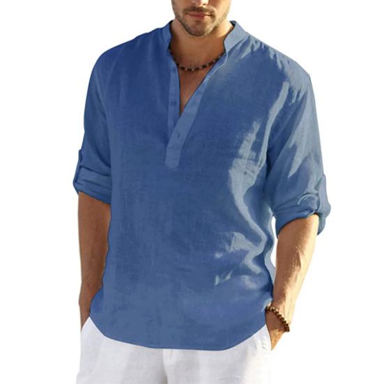 

Мужская рубашка с воротником-стойкой и V-образным вырезом, длинный рукав, пуловер, дышащий однотонный повседневный топ на каждый день M темно-синий