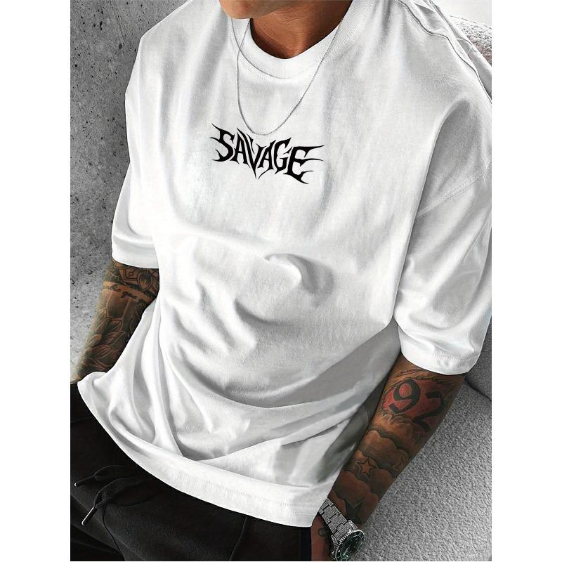 European Size Men's Gothic Geometric Print T-Shirt, Casual Street Style, Round Neck, Loose Fit