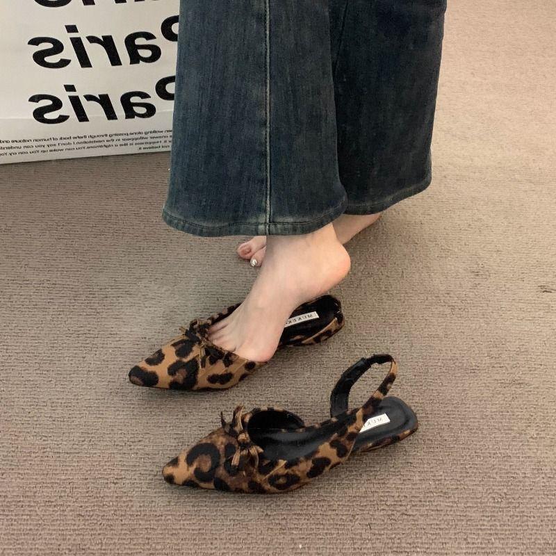 Flat-bottomed work women's fashion sandals 2025 spring new pointed one-word bow leopard print versatile Mary Jane