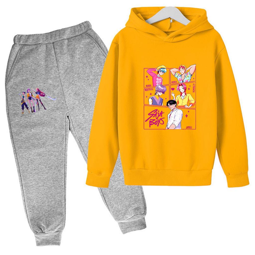 Winter Boy And Girls Color Long Sleeved Hooded Sweatshirt Two Piece Set Of Top And Pants