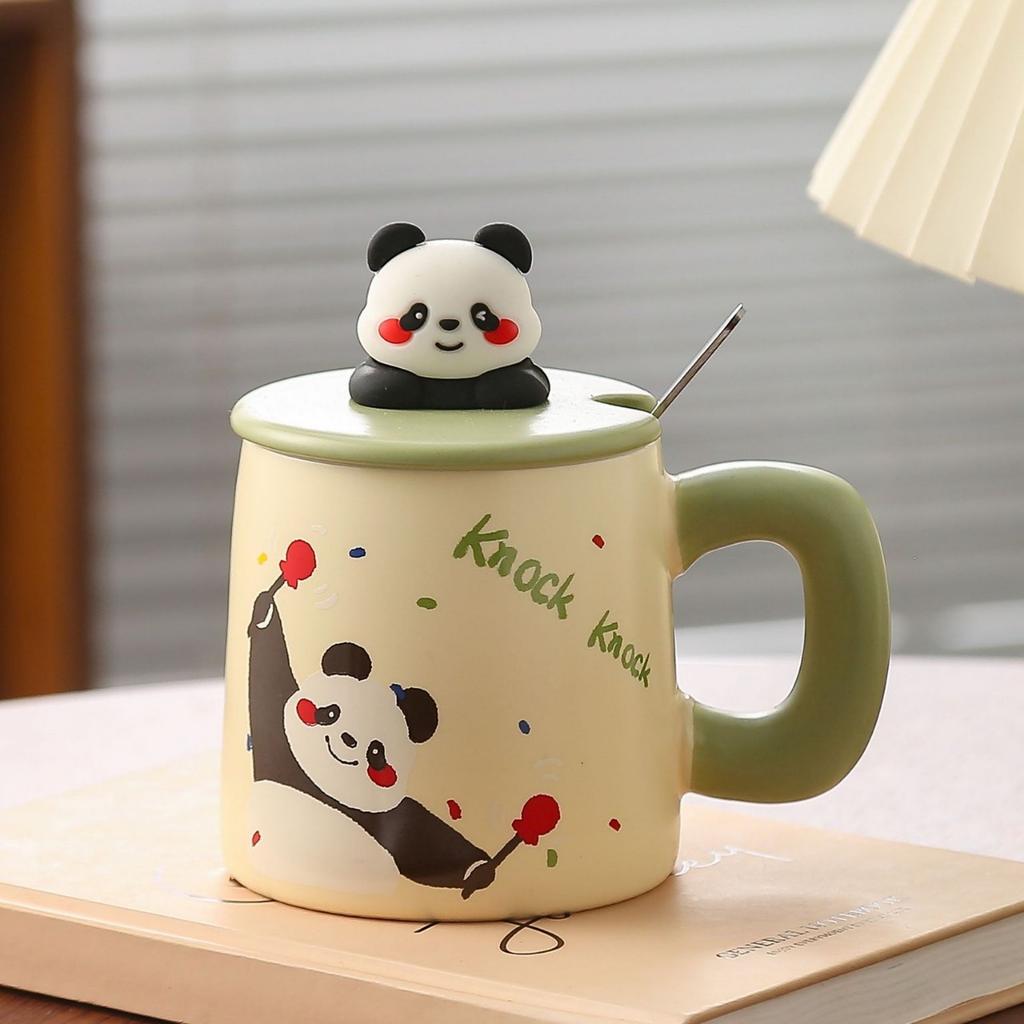 Creative Hand Painted Panda Ceramic Cups  Cute Retro Mugs  High Appearance Level Couple Cups with LIDS  Household Drinking Cups