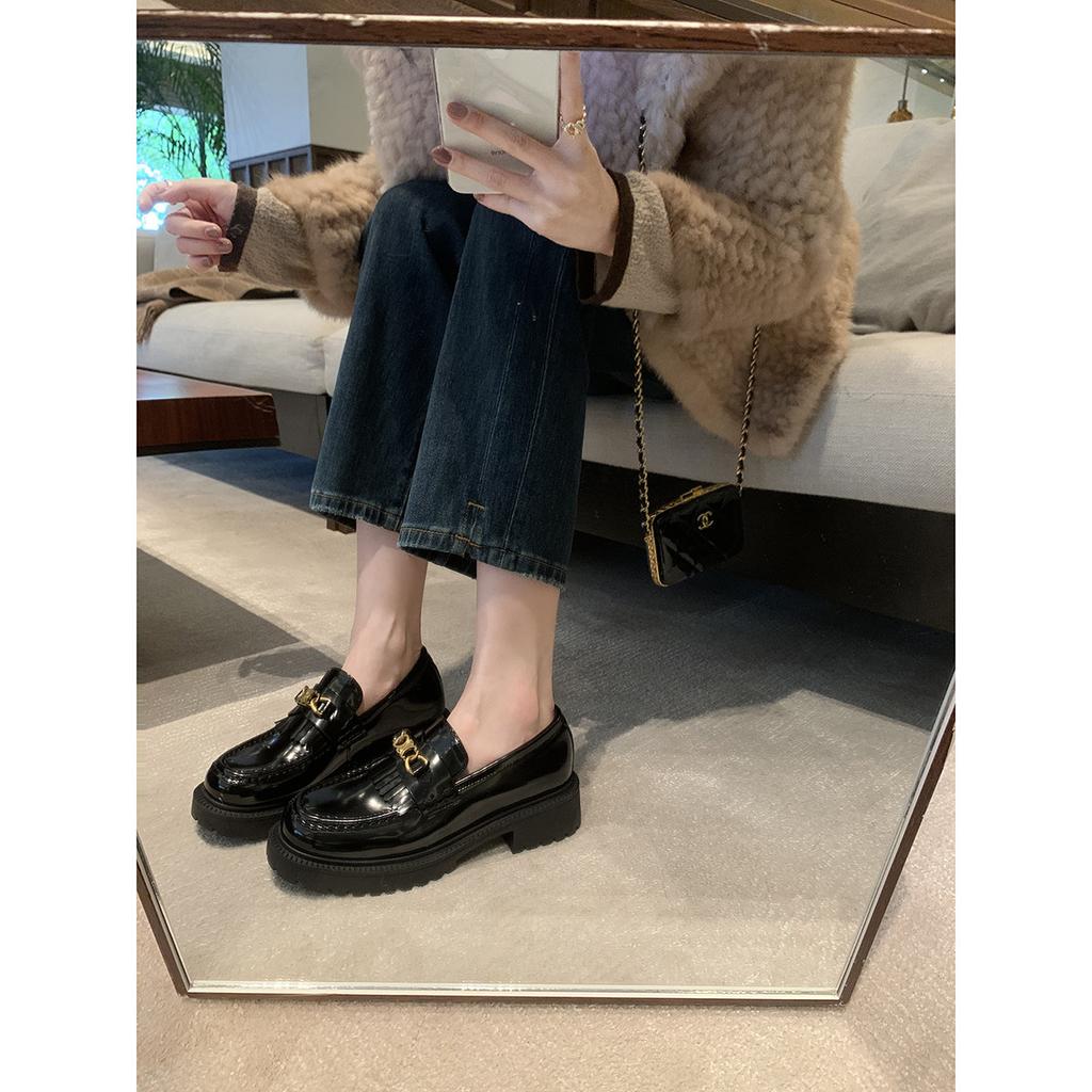 Grape Mother Has the Same Style, Spring British Style with One Pedal, Fringed Thick Heel Thick Sole Heightening Loafers, Black Small Leather Shoes.
