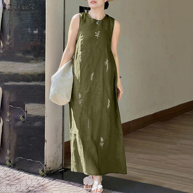 ZANZEA Women Casual Round Neck Print Loose Sleeveless Dress