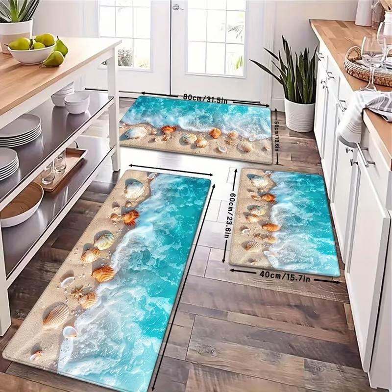Ocean Wave Seashell Printed Non Slip Kitchen Runner Rug Coastal Beach Themed Floor Mat for Living Room Hallway Home Decor Carpet