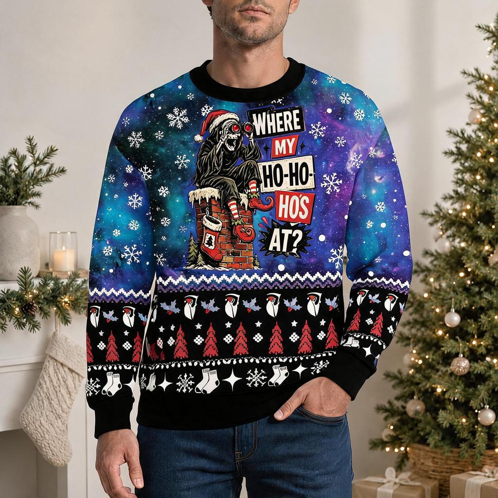Men's Casual Neck Pullover Sweatshirt with Christmas Print