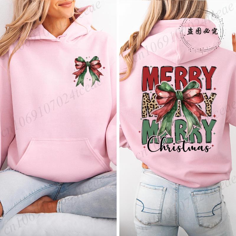 Coquette Christmas Casual Women's Hoodies Leopard Merry Christmas Print Sweatshirts Fleece Warm Pullovers Autumn Streetwear