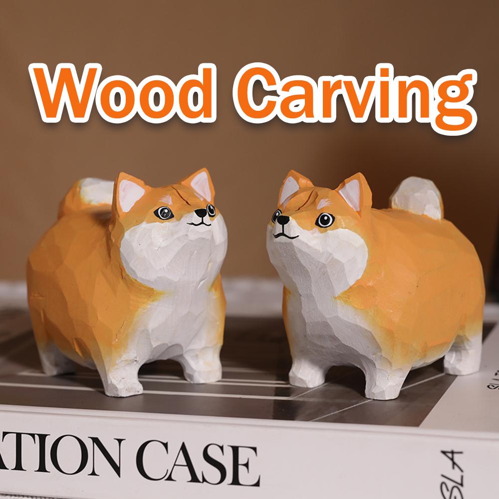 Handcrafted wood carving  Fat Shiba Inu Desk Decoration Cute Shiba Inu Figurine Home Decor Handicraft Collection Ornaments Dog