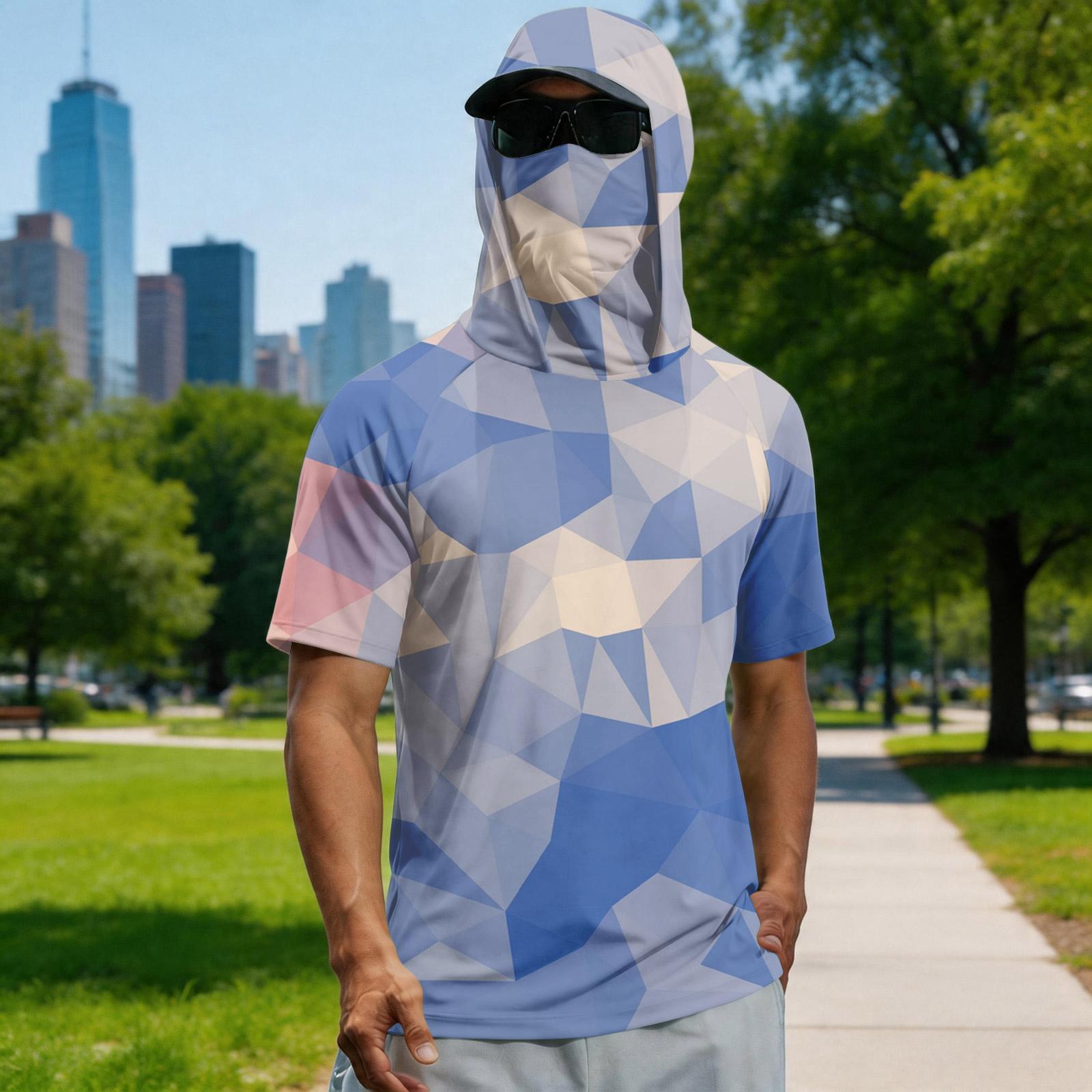 

Men’s Geometric Print Short Sleeve Hooded T-Shirt with Integrated Face Cover for Outdoor Activities S