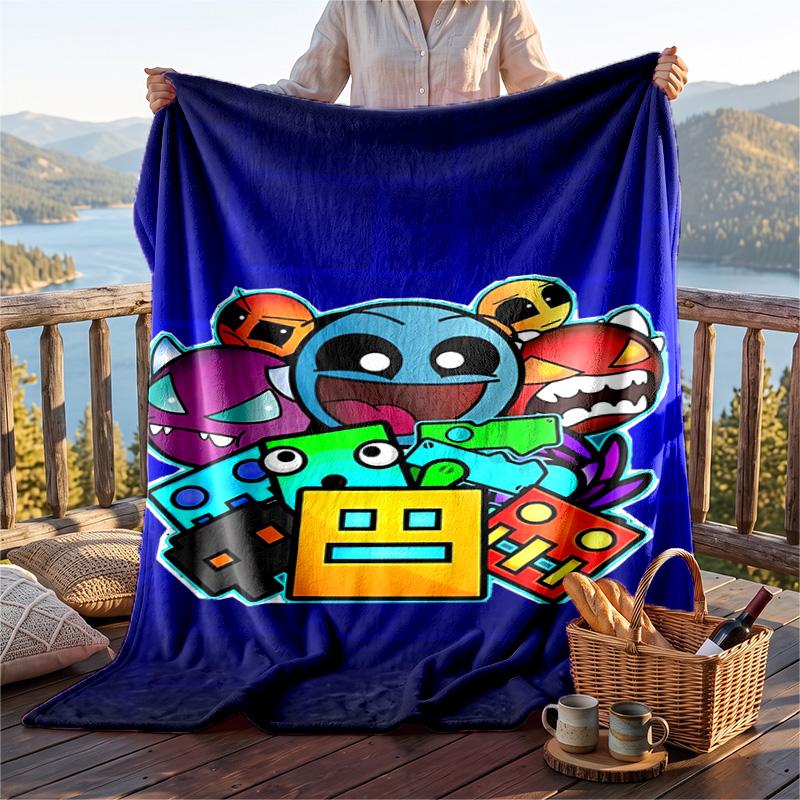Warm Flannel Blanket Geometry Dash Pattern, Lightweight Comfortable Throw Blanket for Bed Sofa Use