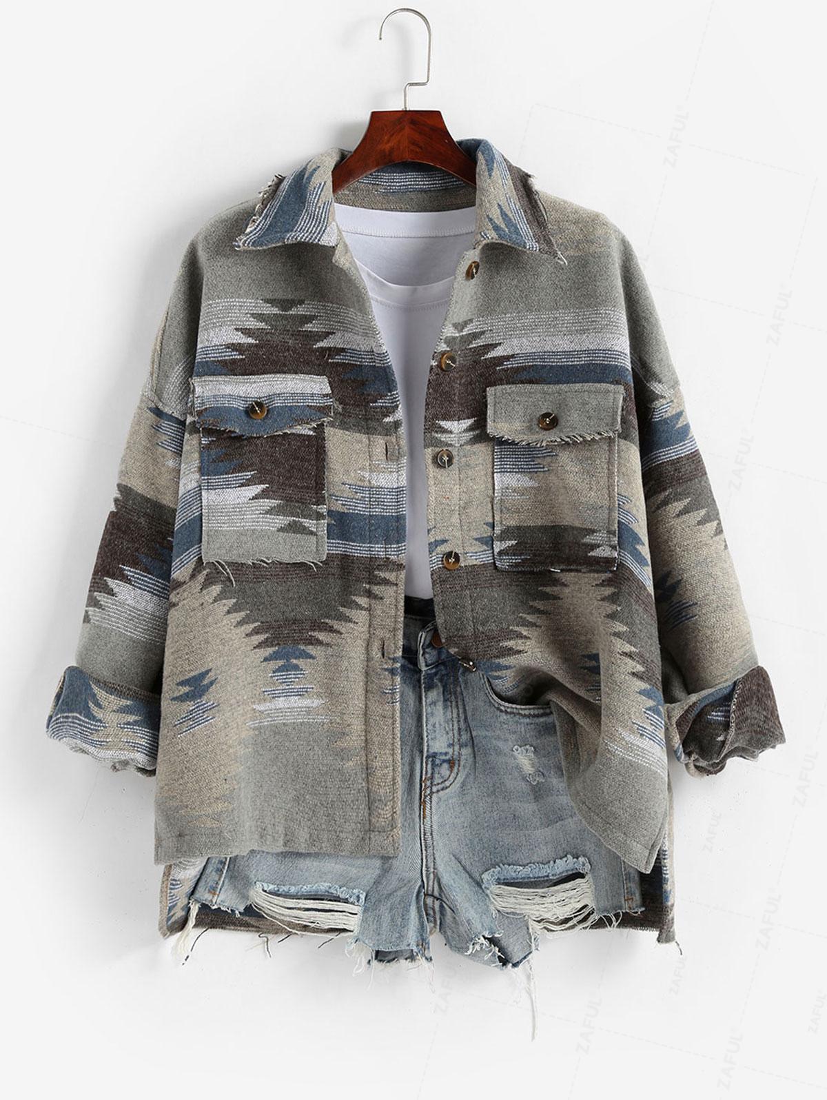 

Куртка на пуговицах с этническим ацтекским принтом и карманами-клапанами ZAFUL XL синий