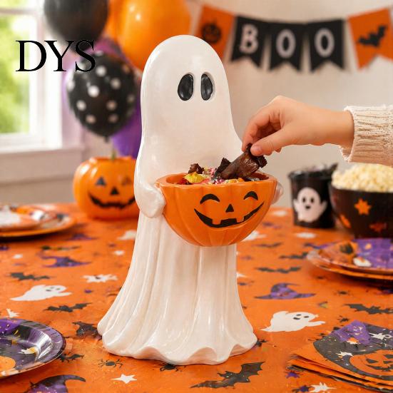 Decorative Pumpkin Snack Bowl Resin Ghost Statue with Candy Bowl, Cute Figurine, Trick Fall Harvest Home Decor or Treat Holder for Front Porch