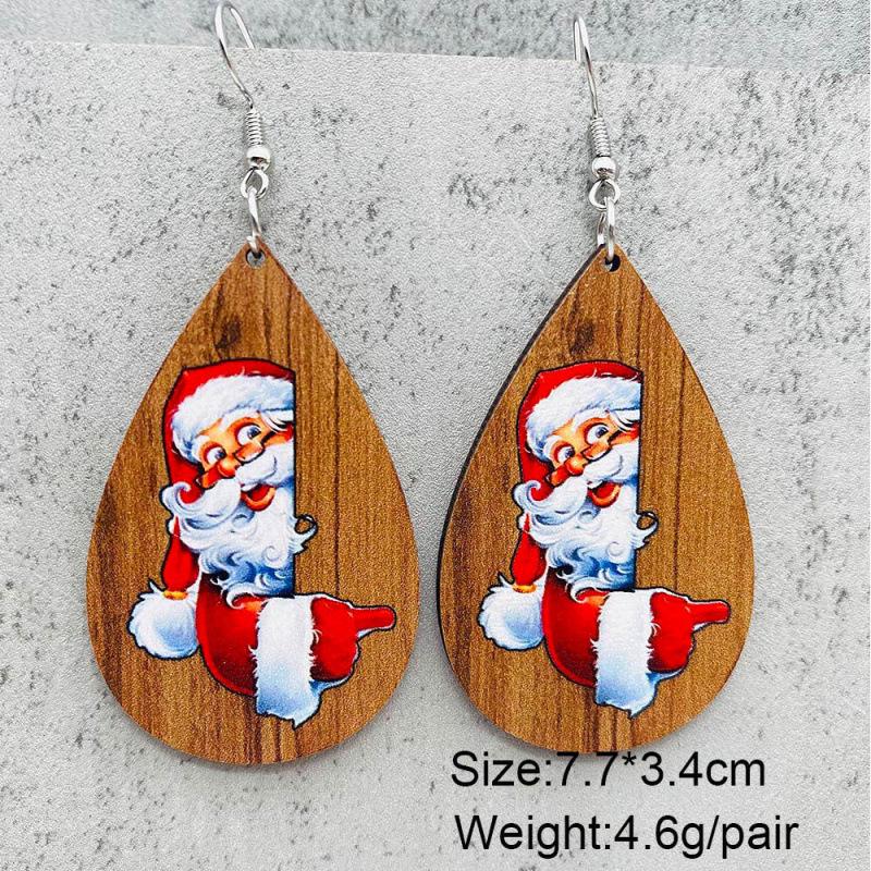 Teardrop Santa Claus Bell Car Red Ornaments: Wooden Christmas Earrings