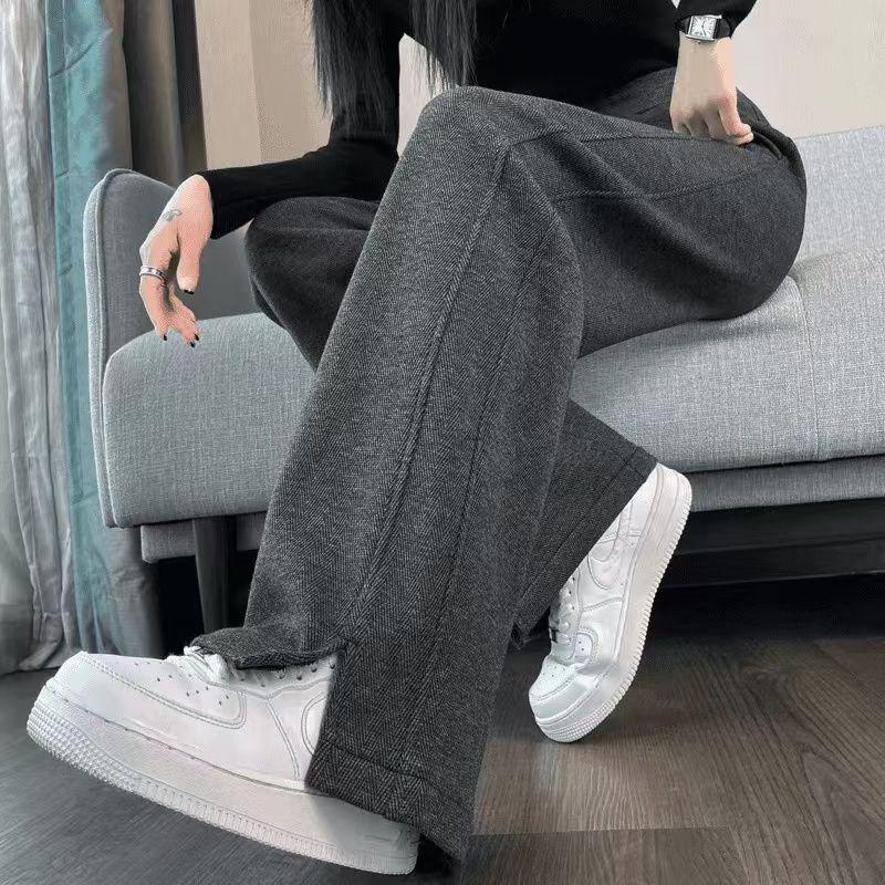 2026 Autumn/Winter Women's High-Waisted Herringbone Wide-Leg Pants with Plus Velvet and Slit, Slim Straight-Leg Design