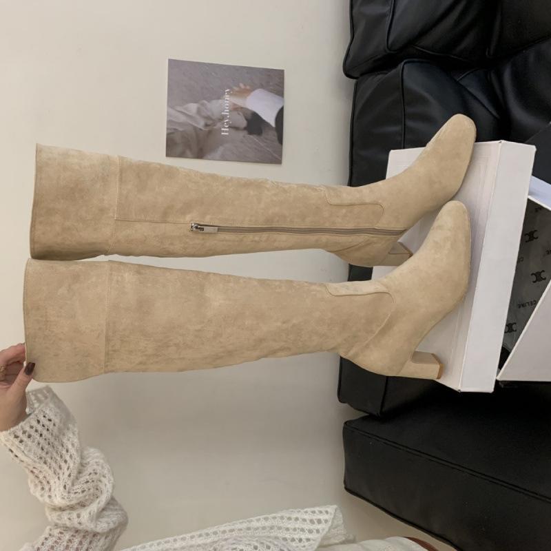 

2025 new summer round head tall tube thin thick heel versatile fashion knee knight women s boots 39 чёрный
