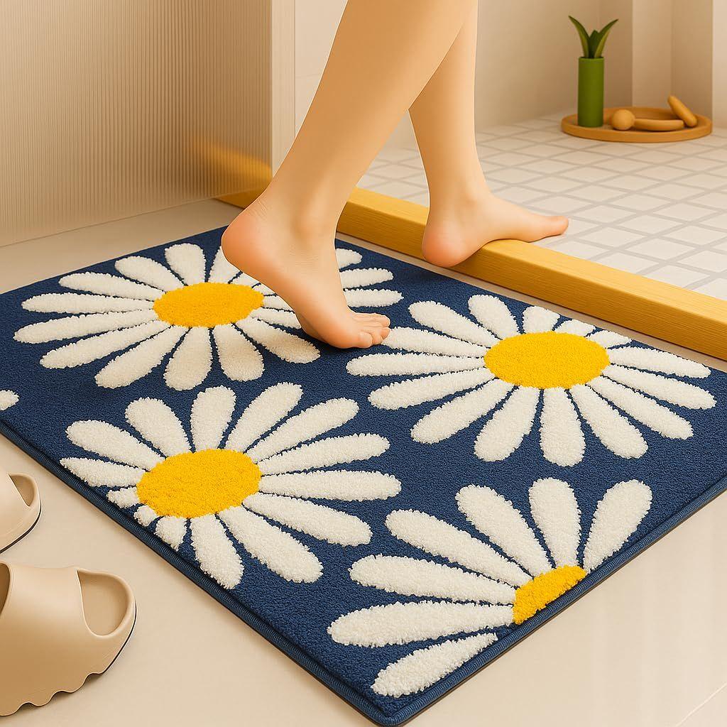 Flower Super Soft Microfiber Bath Mat Super Absorbent Anti-Skid Door Mats for Home/Bathroom/Bedroom/Kitchen/Floor Mat (Dark Blue) Pack of 1