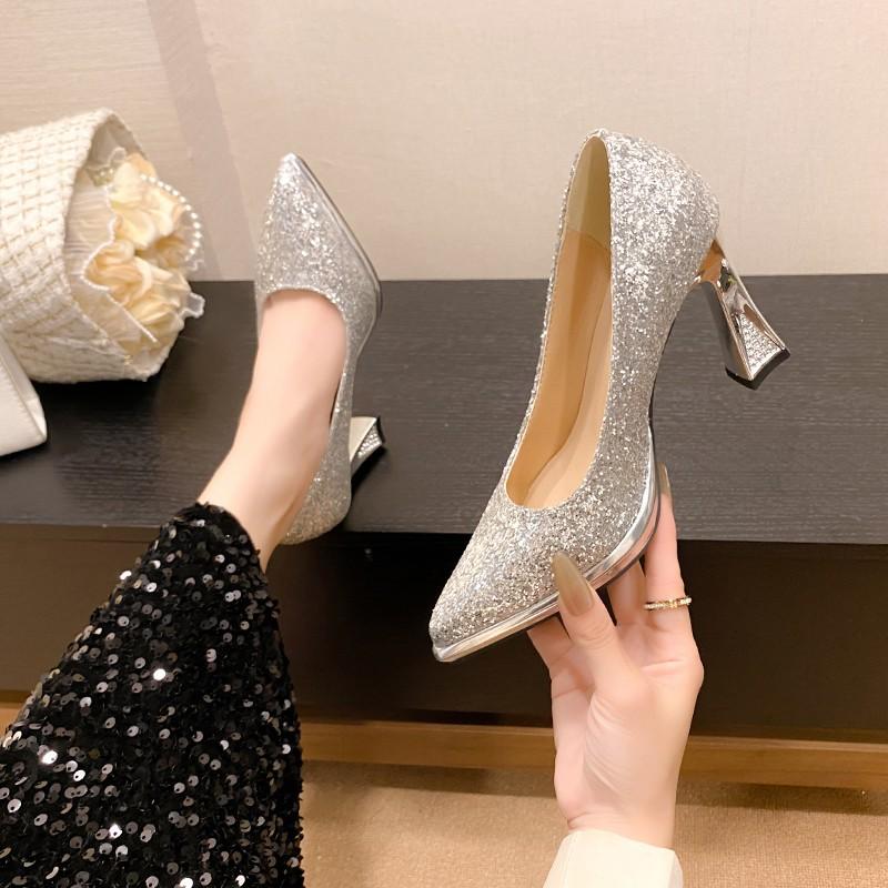 Sequins pointed high heels light mouth single shoes spring and summer new fashion women's shoes silver wedding banquet four seasons leather shoes