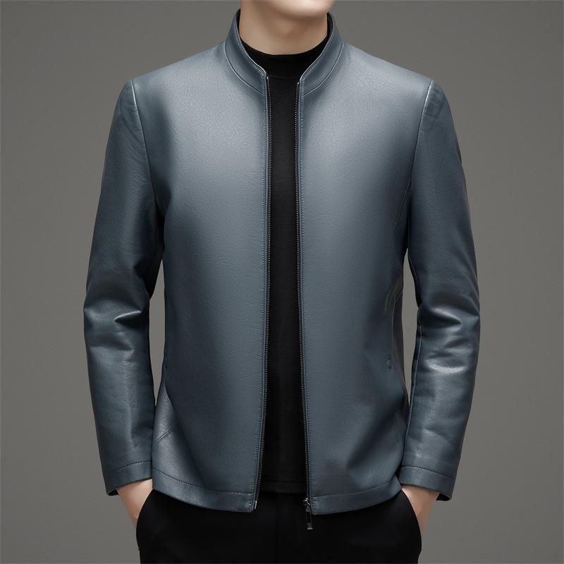 Men's Velvet Leather Jacket Spring and Autumn Casual Stand-up Collar Sheepskin Middle-aged Jacket Leather Coat