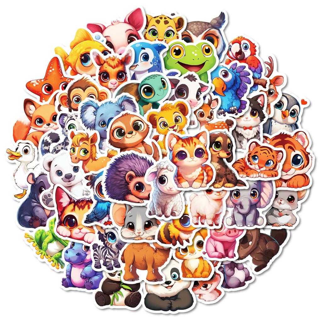 100 Cute Hand-Painted Big-Eyed Animals Pp Waterproof Stickers Elephant Cat Frog Do Not Repeat Decorative Stickers