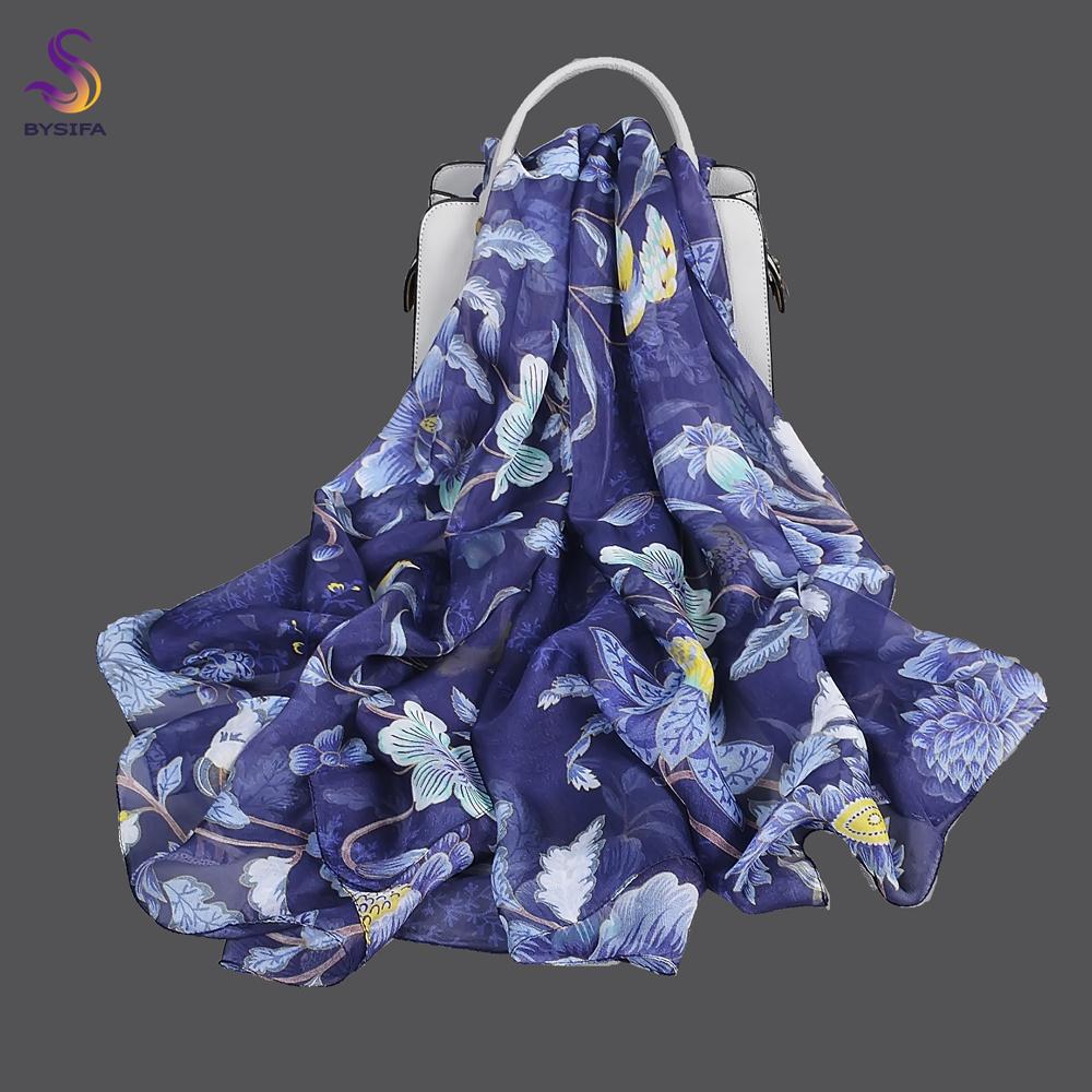 [BYSIFA] Green Beige 100% Mulberry Silk Scarf Cape Summer Floral Design Chiffon Long Scarves Beach Shawl Ladies Scarves Echarpes