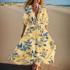 Women's Summer Fashion V-neck Retro Floral Print Short Sleeved Beach Dress With Lace Patchwork Dress
