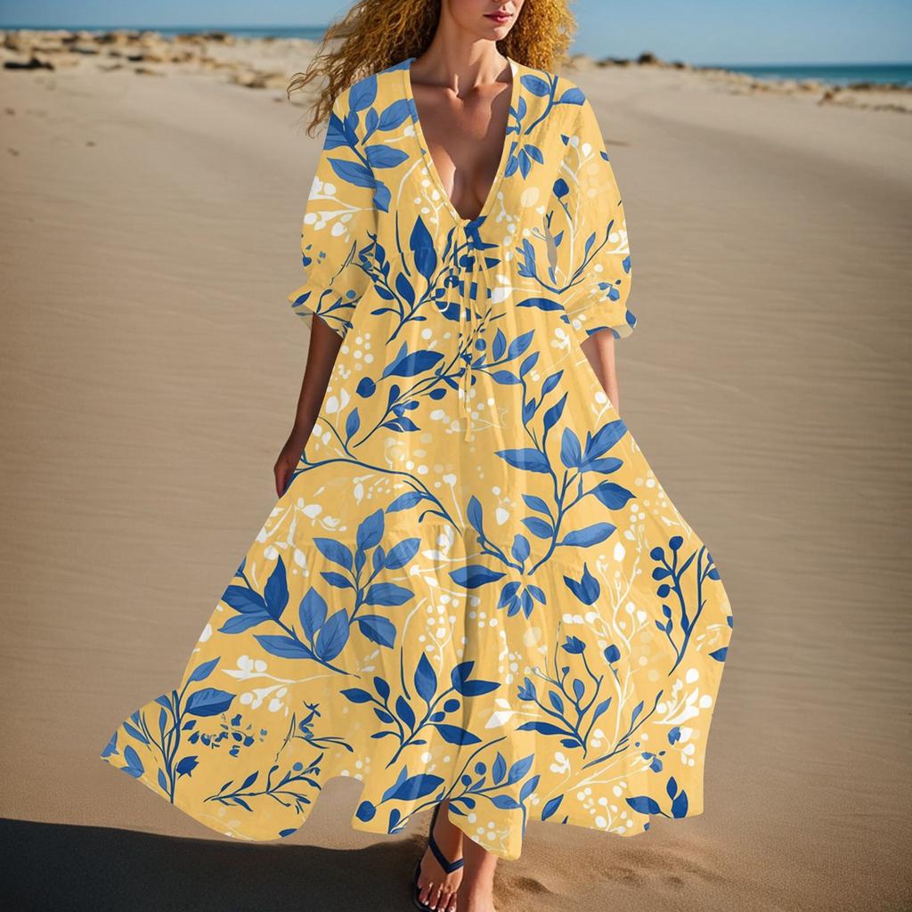Women's Summer Fashion V-neck Retro Floral Print Short Sleeved Beach Dress With Lace Patchwork Dress