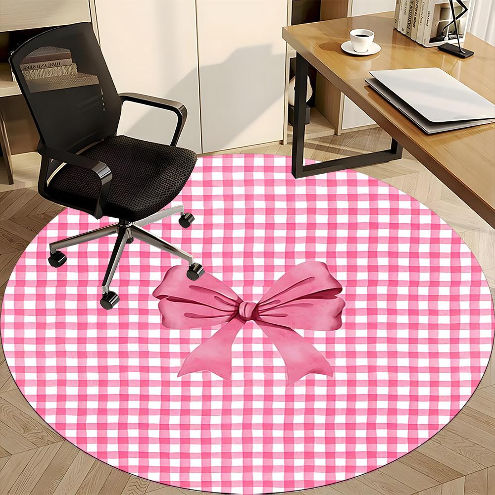 1pc Pink Checkered BowChair Carpet for Office, Indoor Non-Slip Washable Polyester Fiber Carpet, Mat For Office, Machine Washable