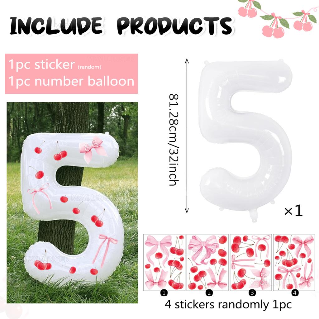 Palloncino digitale bianco da 32 pollici decorato con adesivi di ciliegie e adesivi con fiocchi per feste di compleanno e anniversari