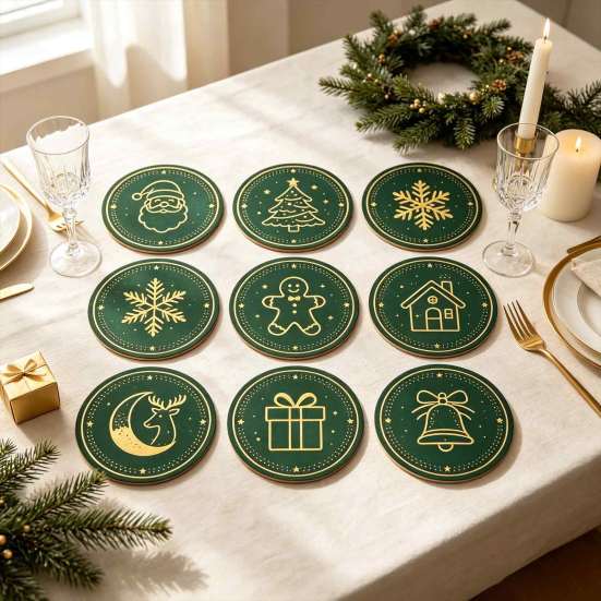 Christmas Wooden Coasters 9Pcs Set, Heat Resistant Cup Mats, Waterproof Non Slip Drink Round Table Protection Mats for Home Office Desk Accessories