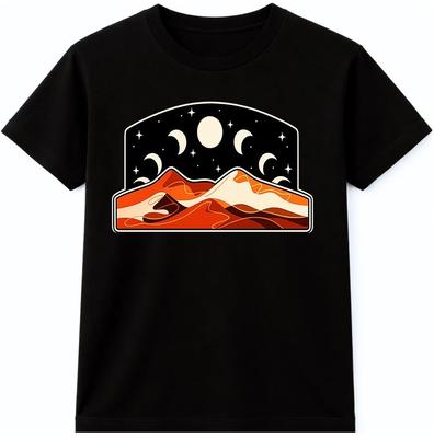 Mondphasen T-Shirt Himmlische Wüste Berg Nachthimmel Sterne Grafik T-Shirt