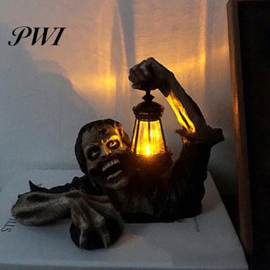 Halloween Zombie Lantern Ornament Spooky LED Light Resin Creepy Statue for Home Outdoor Garden Decoration Long-lasting